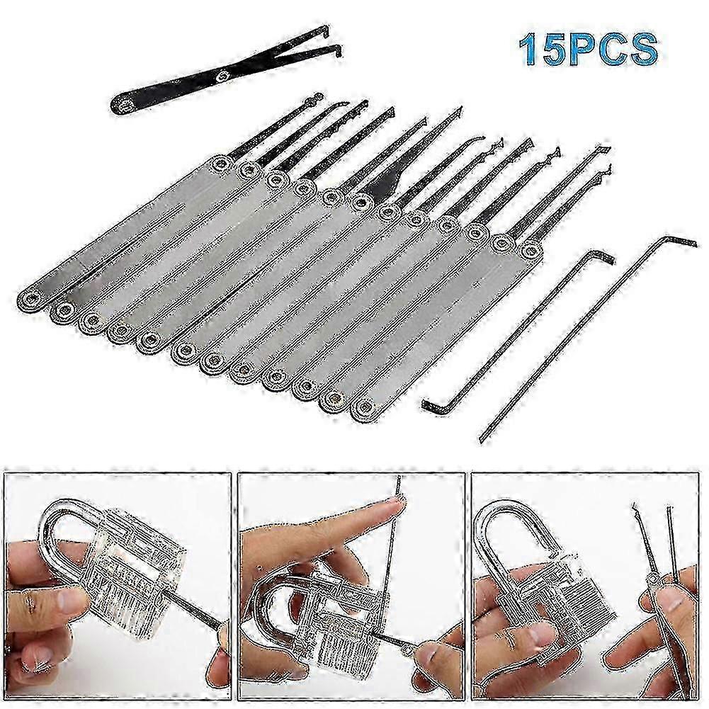 For Beginner Locksmiths 15-Piece Lock Pick Set with 2 Keys & 1 Clear Training Padlock