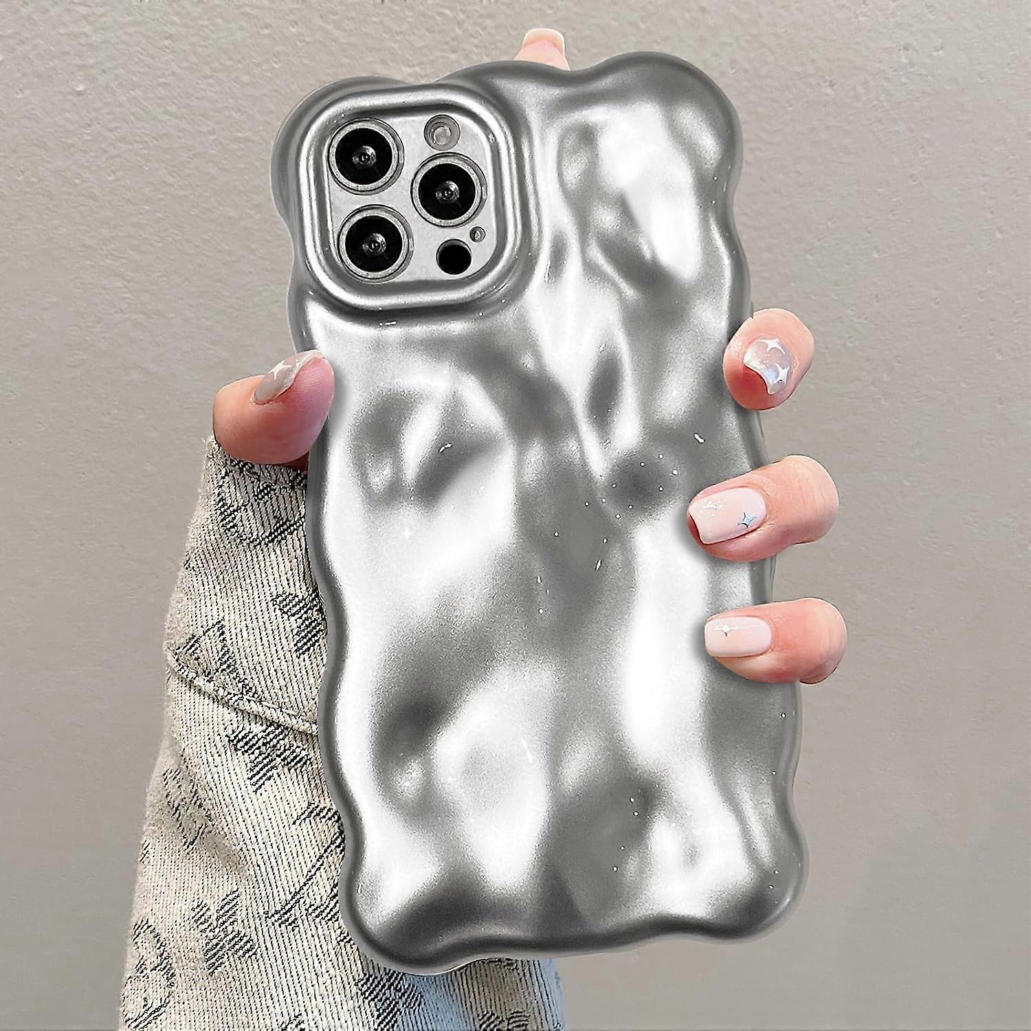 UEEBAI Case for compatible with iPhone 15 Pro 6.1 inch, Cute Candy Color Curly Wave Shockproof Soft TPU Bumper, Matte Silver Non-Yellowing 3D