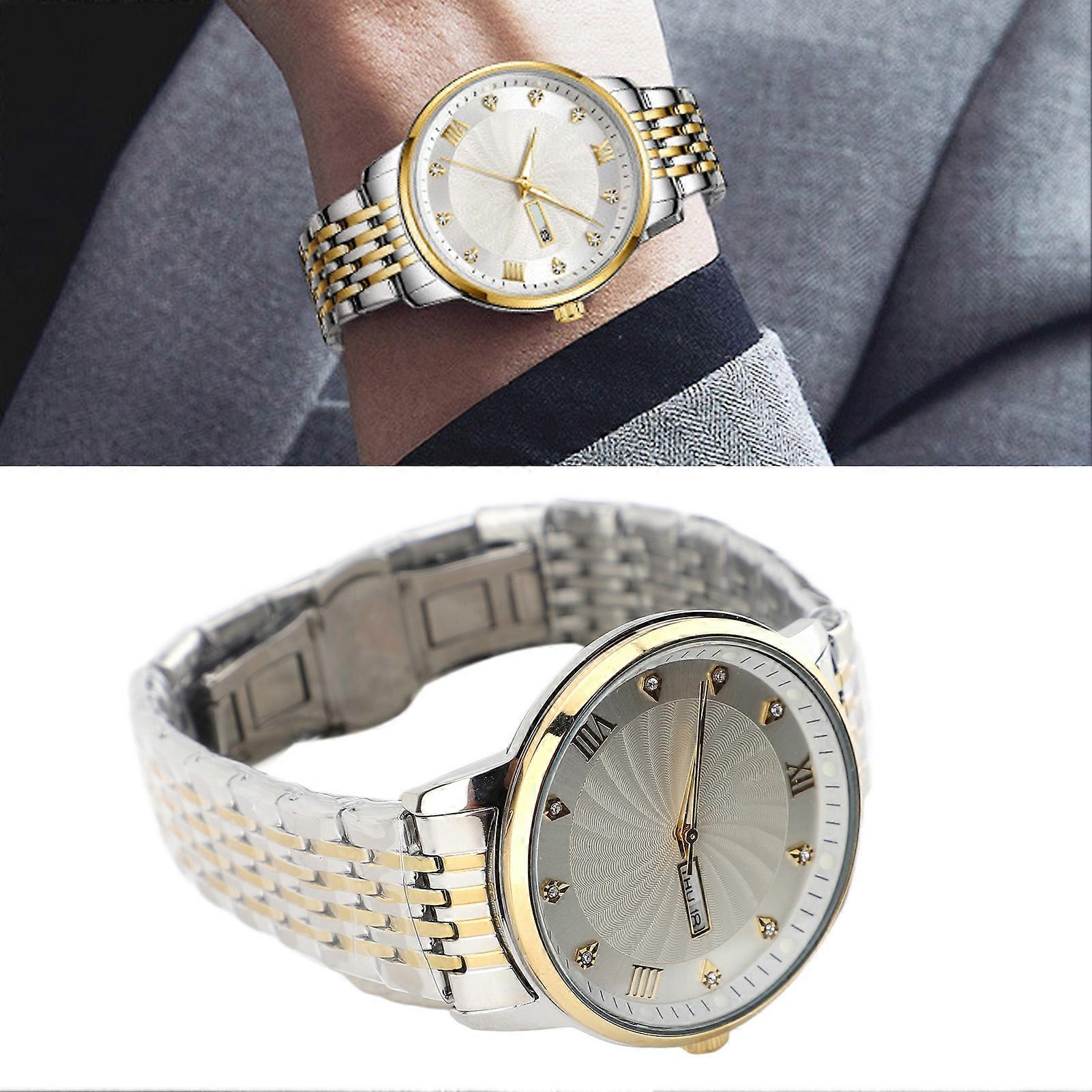 Quartz Men Watch Business Stylish Wristwatch Water Resistant Men Watch with Date Function for Business Silver face with gold trim 