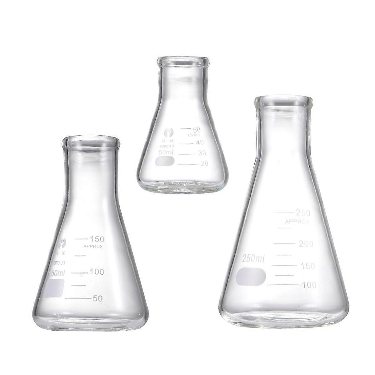 3pcs Thickened Glass Flask Conical Flask School Supply Experiment Accessory for Laboratory Students Chemistry Experiment (50ml, 150ml, 250ml)