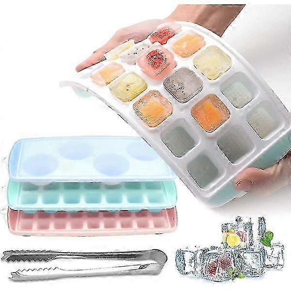 Silicone Ice Cube Mold with Lid, 3-Pack Stackable Ice Cube Trays with Tongs
