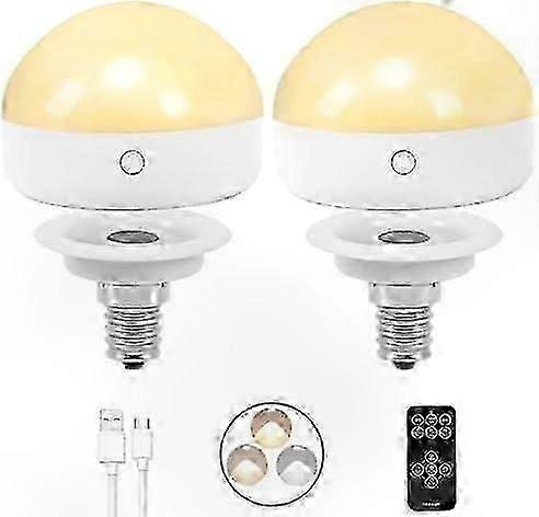 Rechargeable E14 Bulb, 2 Pack, 300 Lumens, 40W Equivalent, Detachable Charging Base, 3 Color Modes, Remote Control, Dimmable, Timer Function, Emergenc