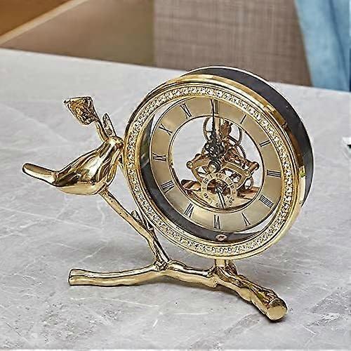 Pure Copper Bird and Branch Desk Clock with Transparent Movement for Elegant Living Room Decor