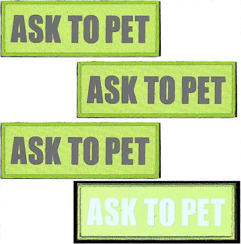 4 PCS Reflective Dog Patches for Vests 4.4x1.6inch Service Dog Hook Loop Tags Polyester Rectangle Green Yellow Ask to Pet Dog Applique Patch for Safet