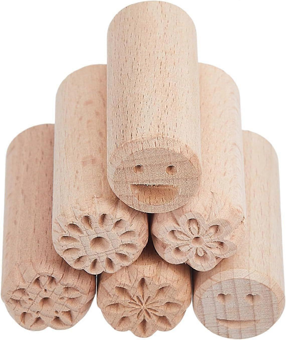 6pcs Wooden Pottery Clay Stamp Set Column Wooden Stamps for Clay Hand Carved Stamps DIY Pottery Printing Blocks with Mixed Patterns