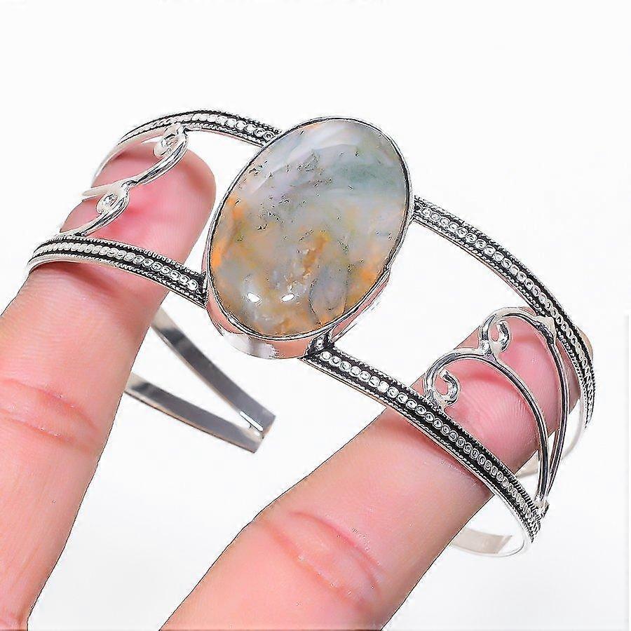 Indian Moss Agate Gemstone 925 Sterling Silver Cuff Bangle Adjustable