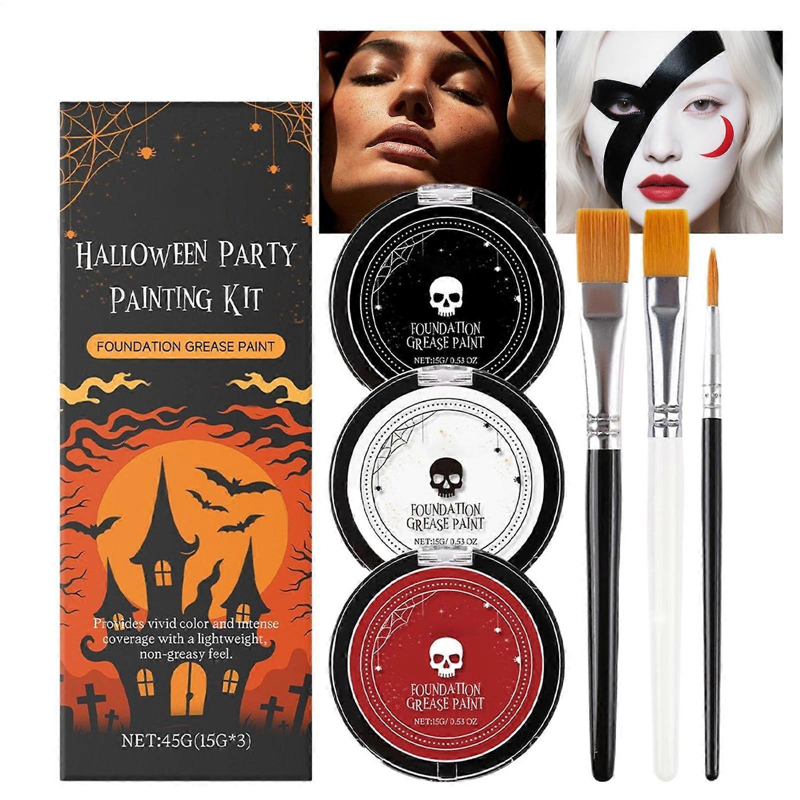 Halloween Face Paint Set with Brushes, White Black Red Makeup Kit for Stage Performance