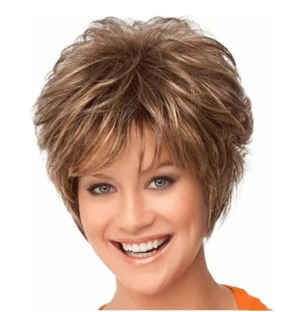 Short Brown Pixie Cut Wig with Bangs Synthetic Layered Lightweight Adjustable Fit for Women