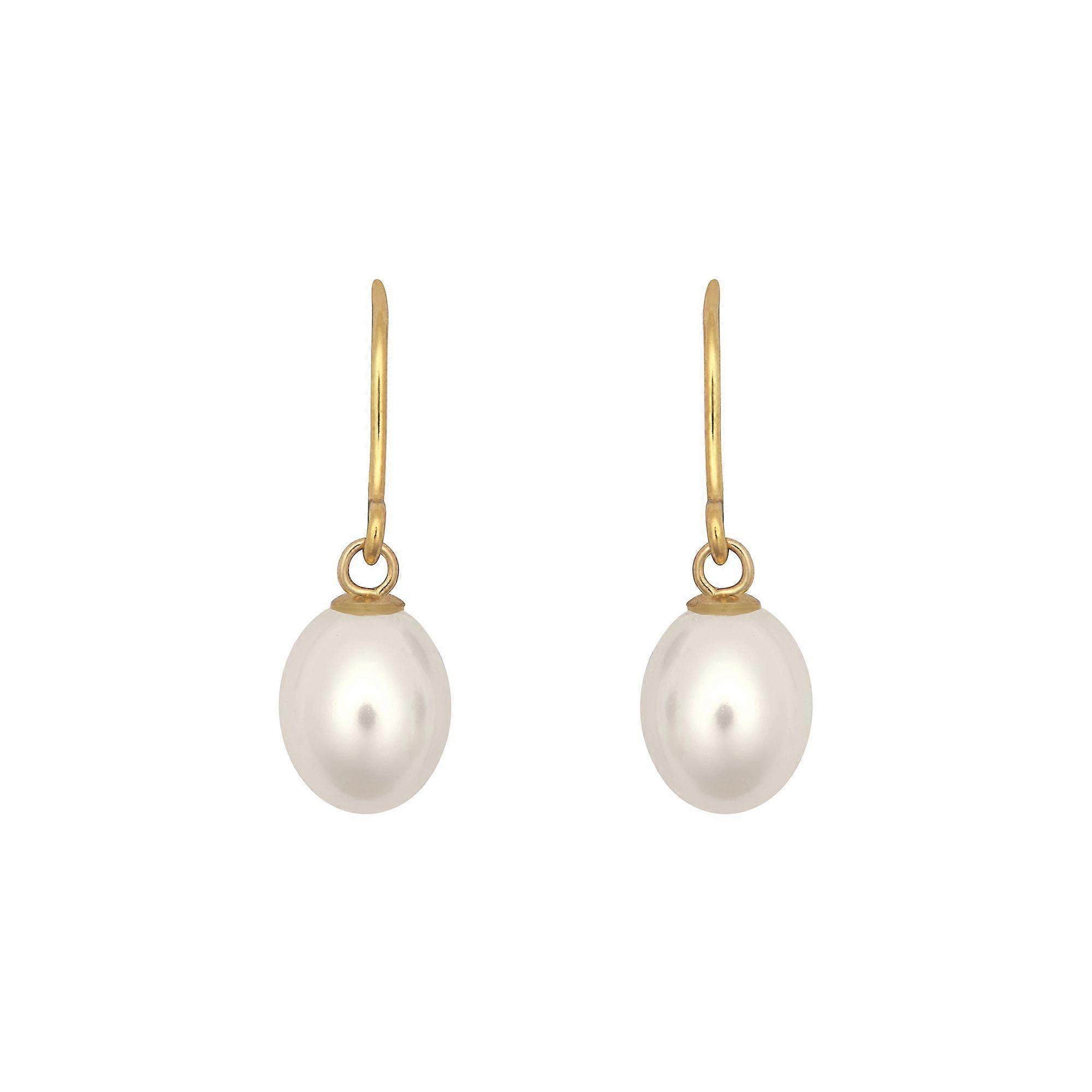 Jewelco London Ladies 9ct Yellow Gold White Oval Freshwater Cultured Pearl Egg Shell Drop Earrings 7mm