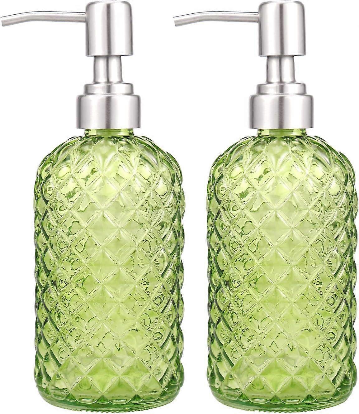 Glass Soap Dispenser with Metal Pump, 350ml Refillable Diamond Pattern for Bathroom and Kitchen
