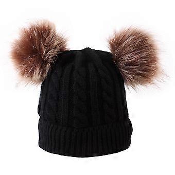 Gorro de tricô com duas bolas para bebê, gorro quentinho para crianças no outono e inverno.