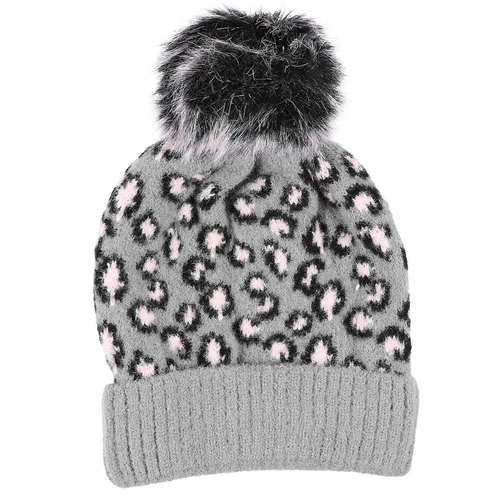 Leopard Hat Woolen Beanie For Women Winter Outing Warm Grey 1Set