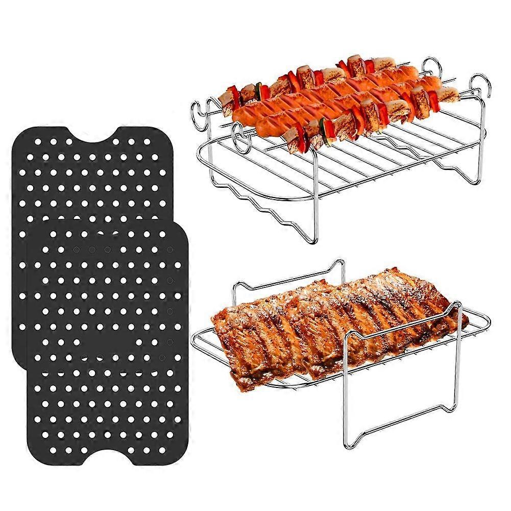 Rack, Double Layer Rack, Multi-Purpose , Stainless Steel Grilling Rack with 4 Skewers