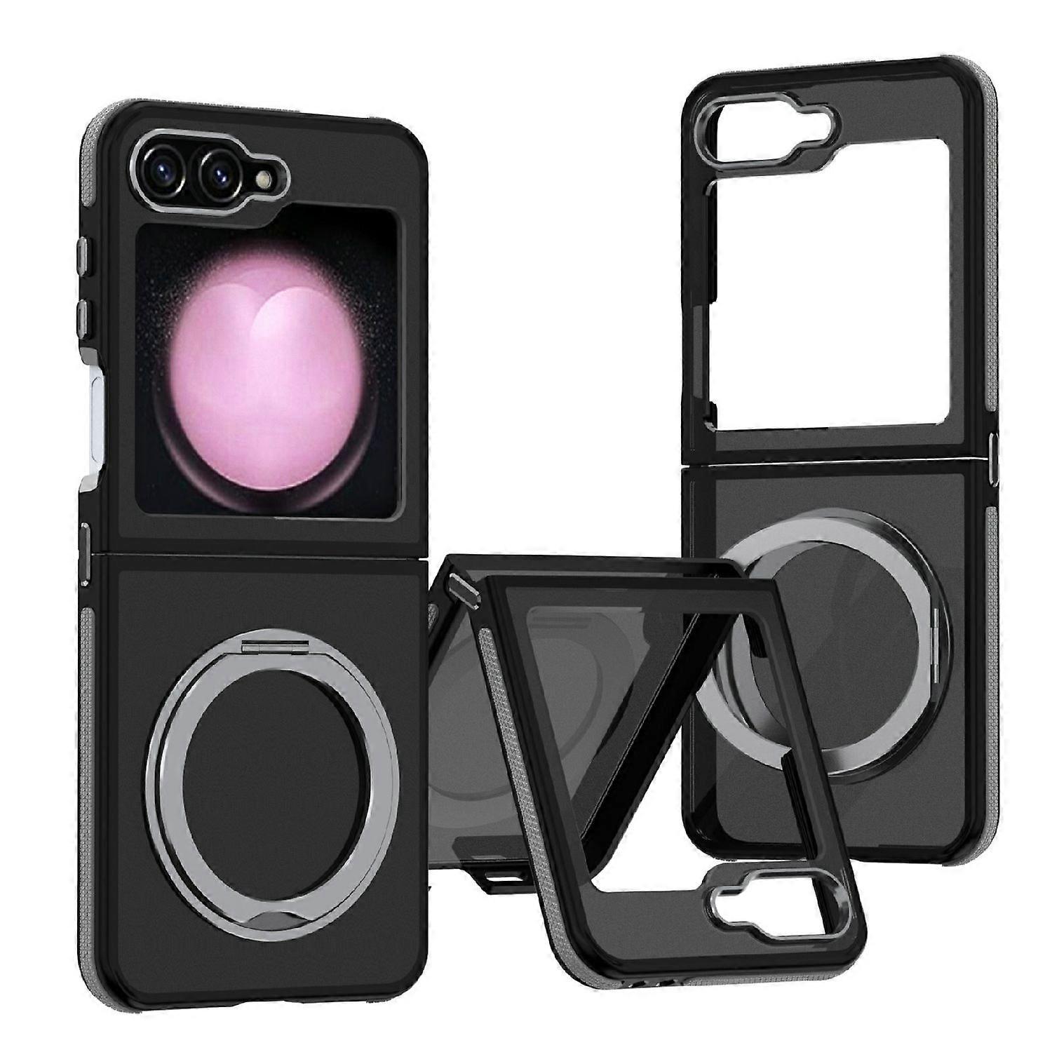For Samsung Galaxy Z Flip7 FE / Flip6 5G Dual Color Skin Feel 360 Degree Rotation Ring Protective Case Grey