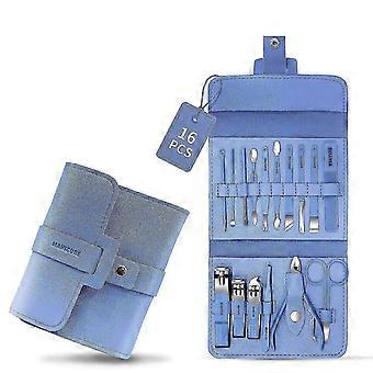 16 In 1 Stainless Steel Manicure Set, Professional Nail Kit for Travel or Home, Portable PU Leather Case, Light Blue