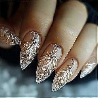 Flower Design Almond Press on Nails - Medium Length Glitter Set for Women 24pcs