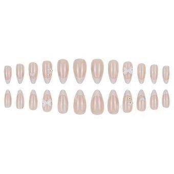 French Press on Nägel, mittelweiß, mandelförmig, glänzend, 3D-Blumen-Nagelspitzen, künstliche Fingernägel für Frauen und Mädchen – 24 Stück, Weiß 2