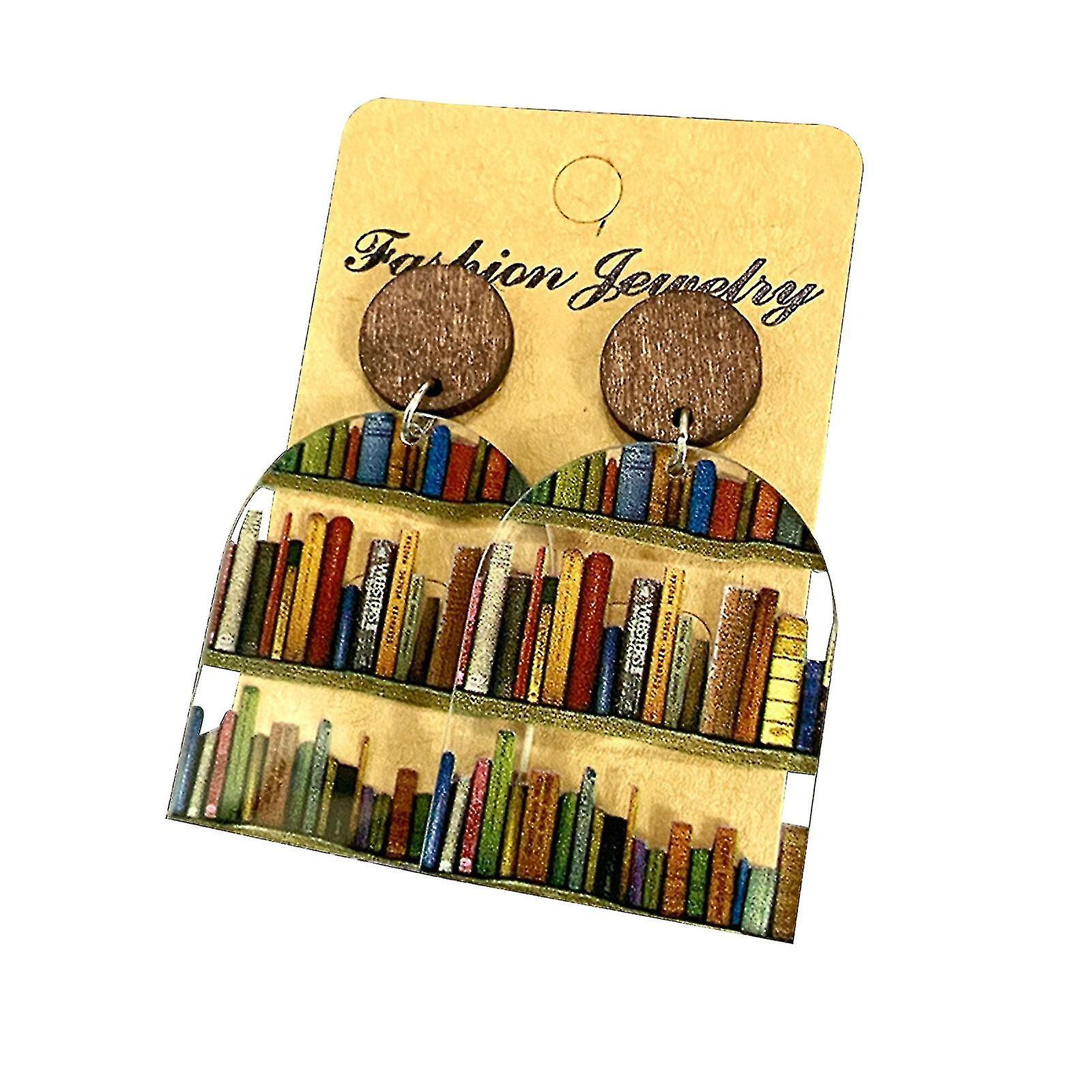 Bookcase Dangle Earrings With Book Shelves Patterned Acrylic