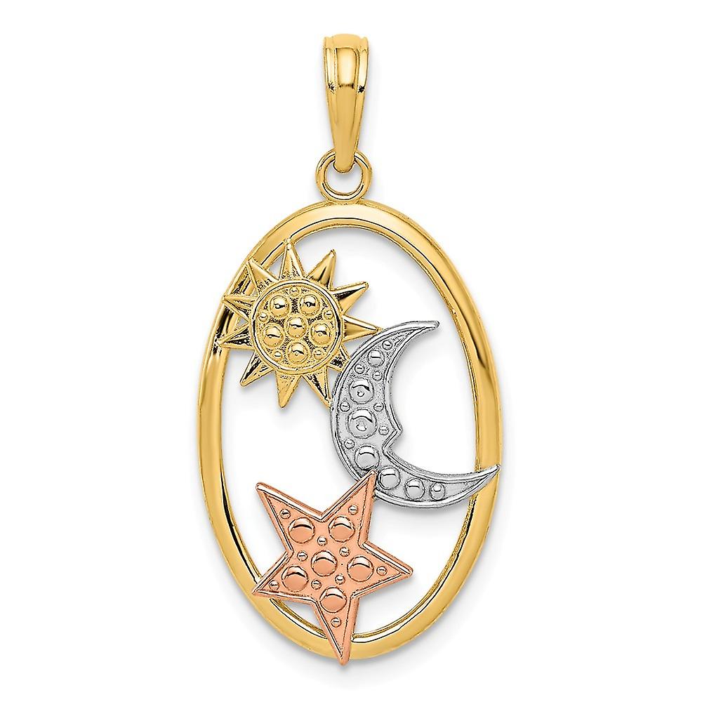 14Kイエローローズゴールドポリッシュロジウムサンセレスティアルムーンスターオーバルペンダントネックレス29x14mmワイドペンダント女性用