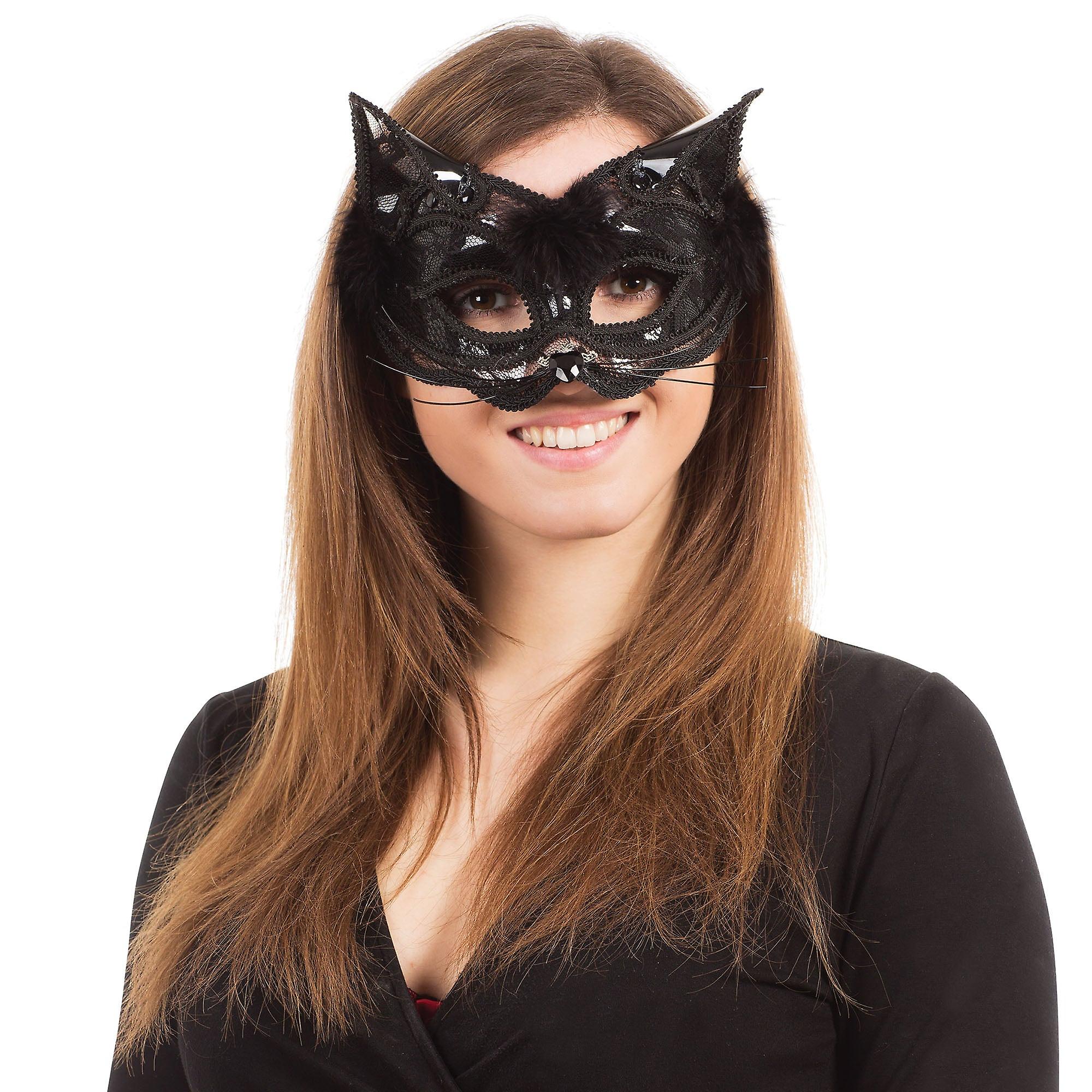 Cat + Black Marabou Feather Trim G F Eye Masks Unisex Em765