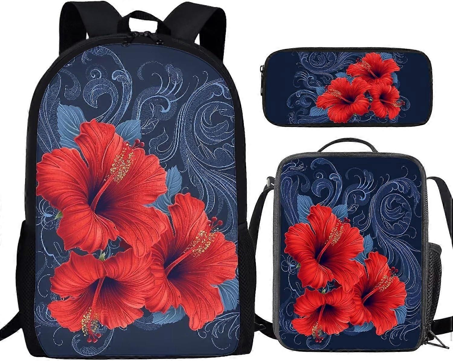 Girls Red Hibiscus Floral School Bags Set 3 In 1, Schoolbag Big Capacity Backpack Daypack Knapsack Insulated Lunch Bag Pen Case, Blue
