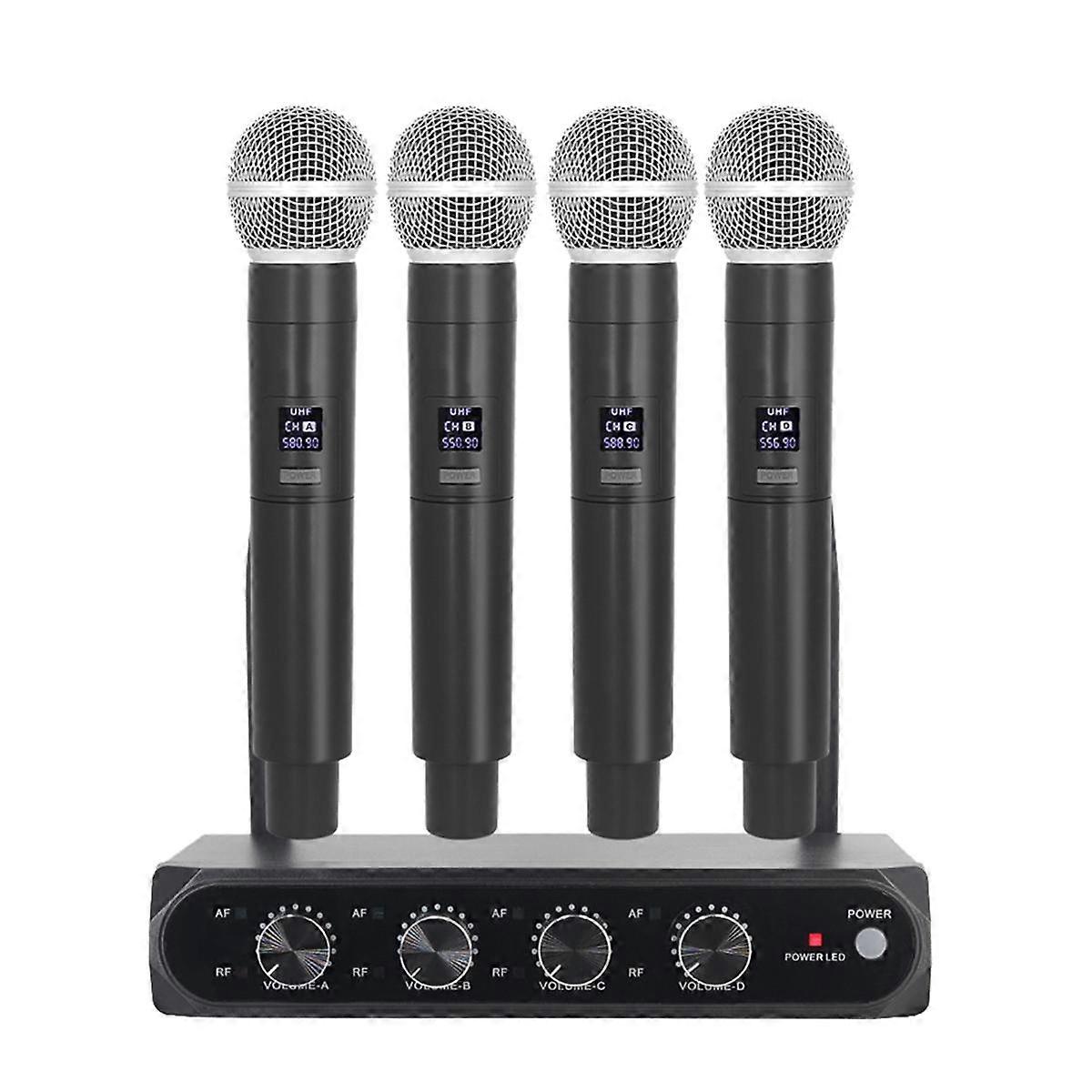Professional Wireless Microphone System UHF 4 Channel Fixed Frequency Handheld Device for Stage, Ho