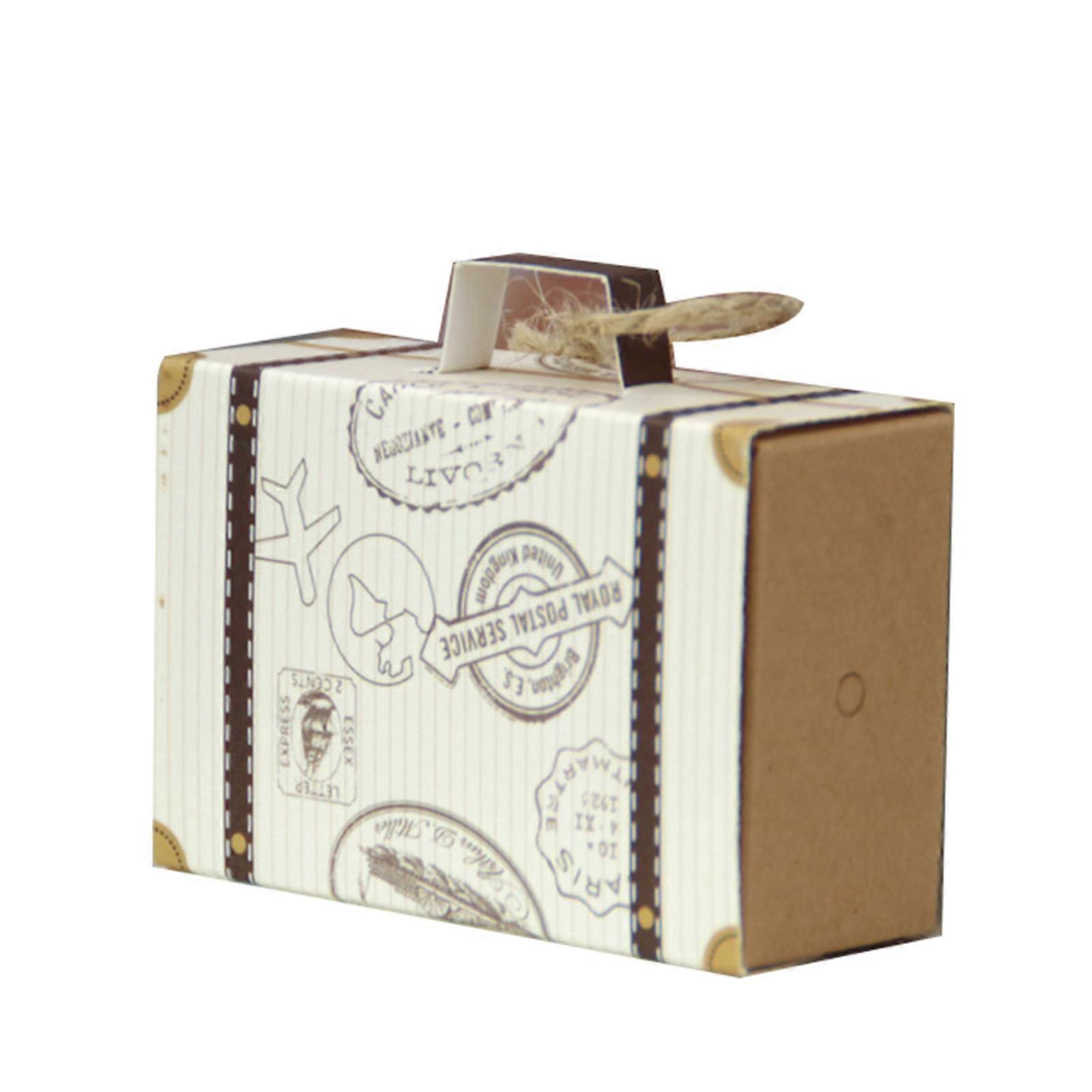 50pcs Mini Suitcase Shape Candy Box Vintage Kraft Paper with Tag and Burlap Twine for