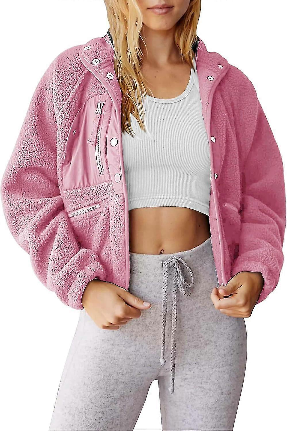 Lightweight Cropped Fuzzy Fleece Jacket For Women Winter Warm Sherpa Jackets Coat Outerwear With Pockets