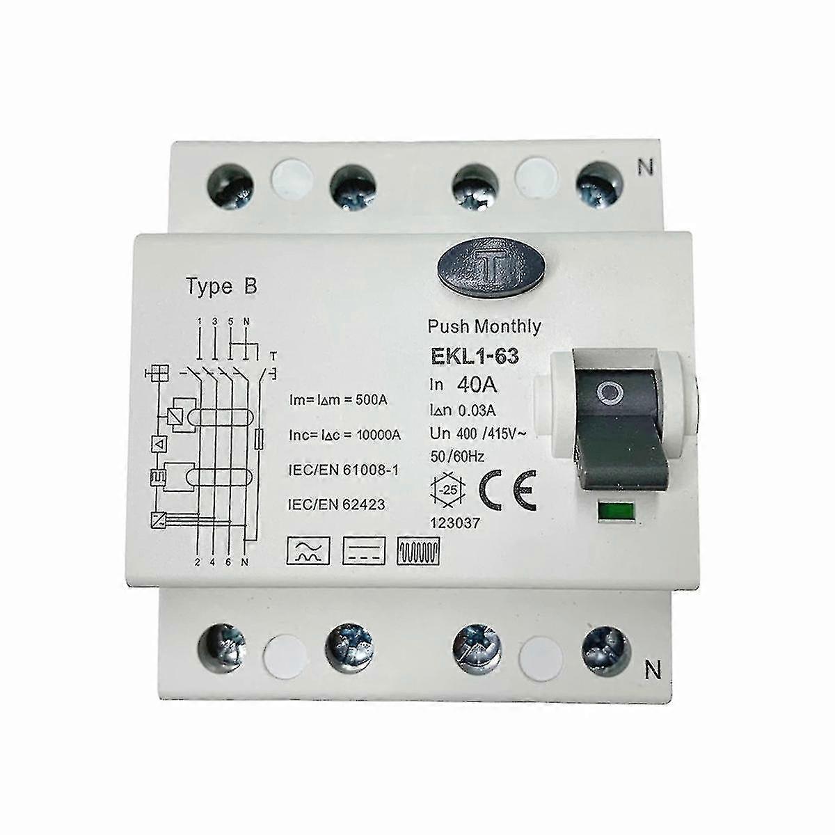 Type B Rccb Disjoncteur à courant résiduel 10ka 4 40a 30mA Rcd Elcb Ekl1-63 Type B Rcd Fuite