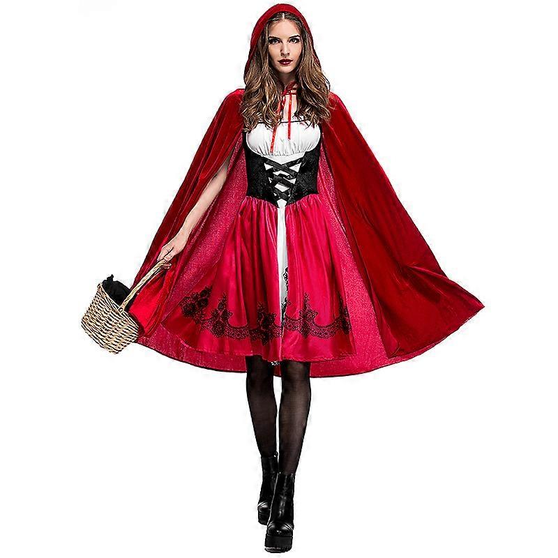 Women Little Red Riding Hood Costume Christmas Halloween Party Dress With Cape Cosplay