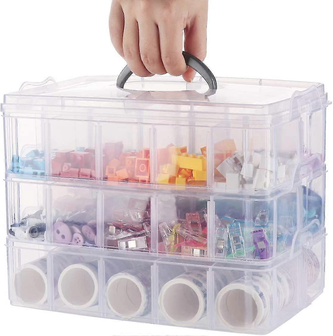 Craft Storage Box With Compartments, 3-tier 30 Sections Transparent Stackable