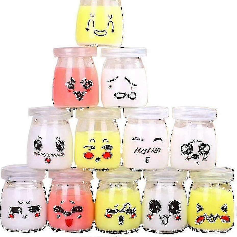12 Pcs Glass Yoghurt Jar With Lids With Different Emoticon Decor100ml