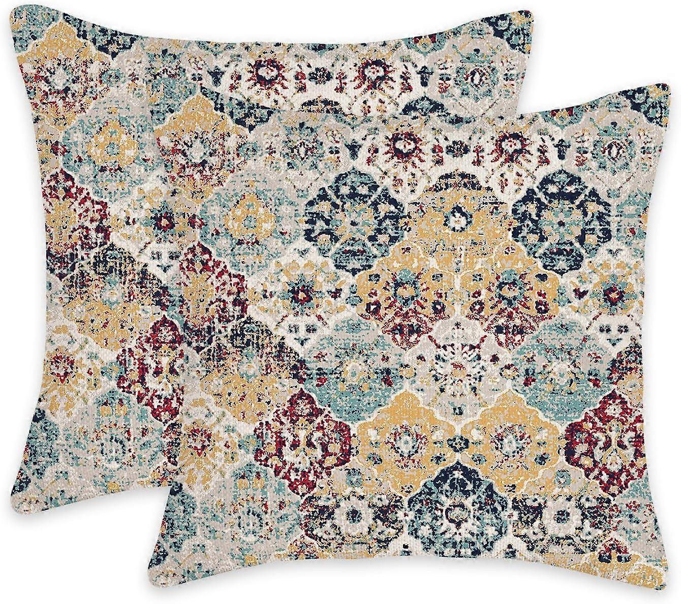 Boho Style ethnic pattern 18x18 Inches Pillow Covers Set of 2 Outdoor Decoration Cushion Cover Vintage Pillow Case for Bed Living Room Couch Home Deco