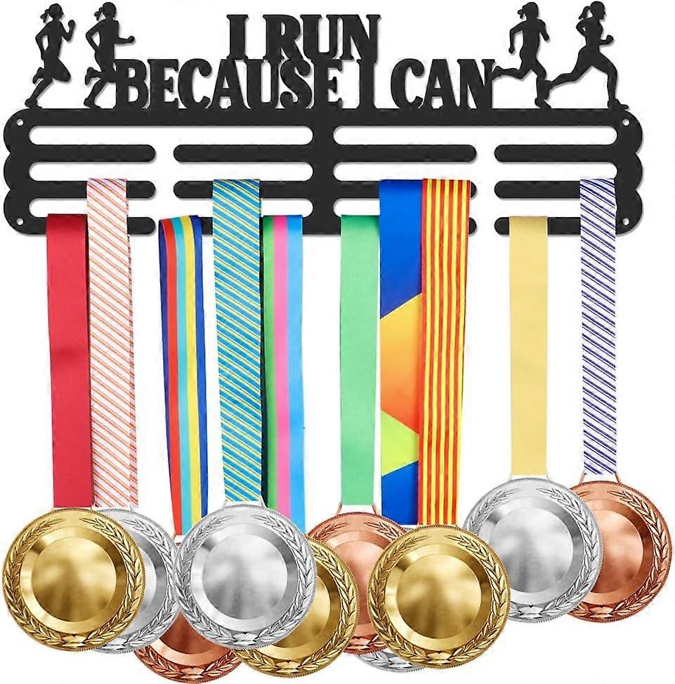 Running Medal Holder Display I Run Because I Can Trophy Hanger Rack Motivational Text Sports Metal Wall Mount with No Hooks Hang Over 60 Medals Black