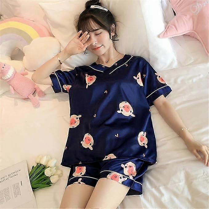 Pajamas Women Thin Section V neck Imitation Silk Ice Silk Short sleeve Sleepwear Ladies Home Service Pajamas
