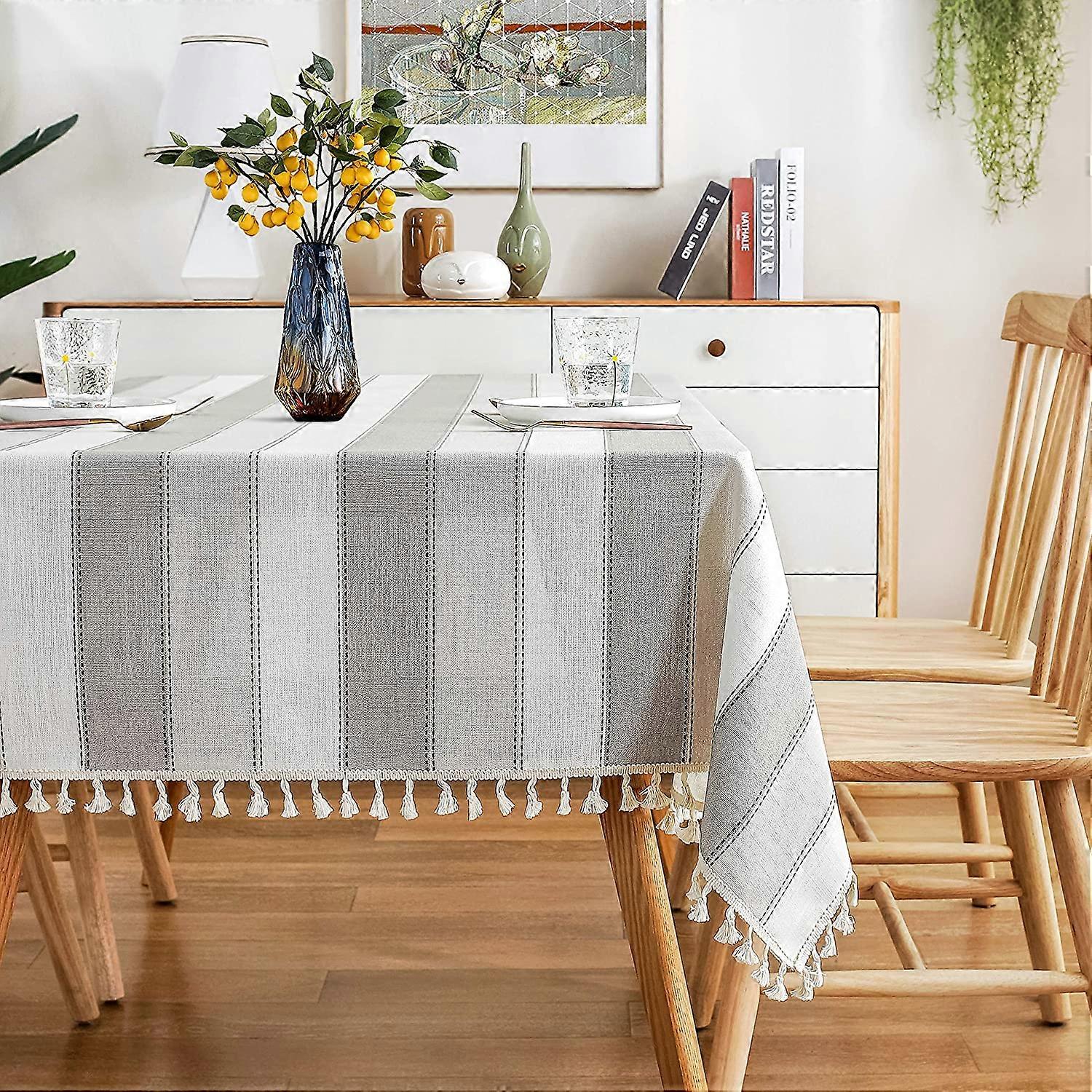 Striped Tassel Tablecloth Stitching Rectangle Table Cloth Cotton Linen Fabric Table Cover for Kitchen Dinning Tabletop 54 x 86 Inch Light Gray