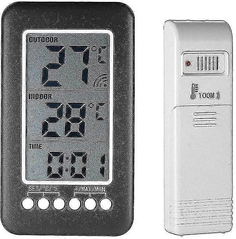 Wireless Indoor Outdoor Thermometer With Clock Digital Wireless Weather Station With Outdoor Sensor, Black