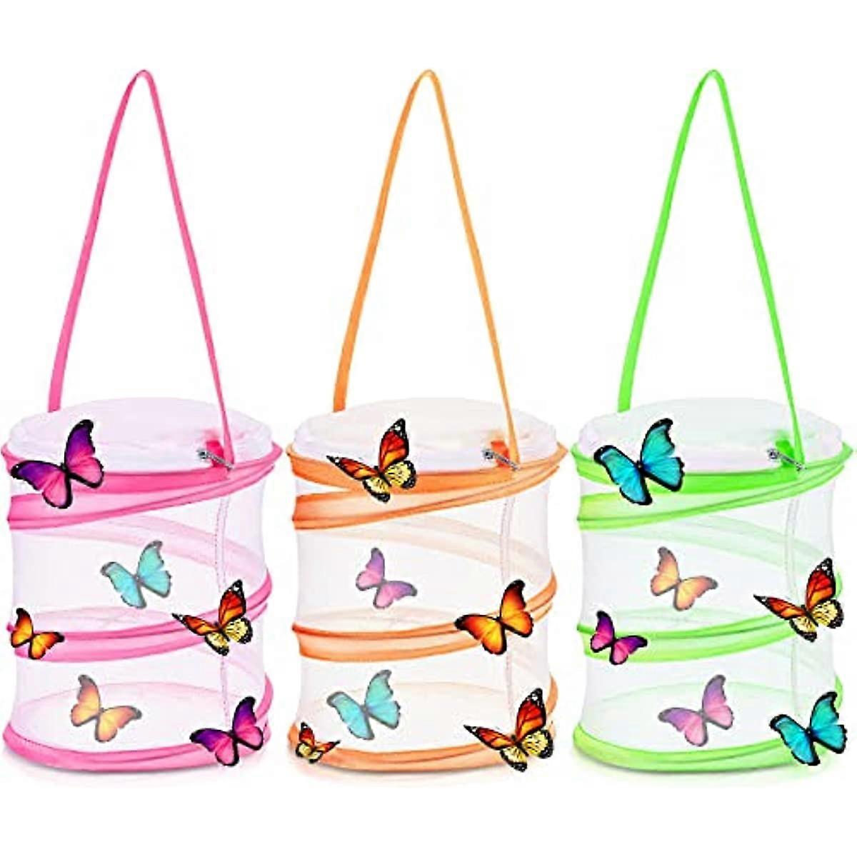 3 Pack Mini Butterfly Habitat Insect Mesh Cage Popup 5 Inch Tall Terrarium Clear Mesh Enclosure for Nature Observation, Butterflies Raising, Pink Oran