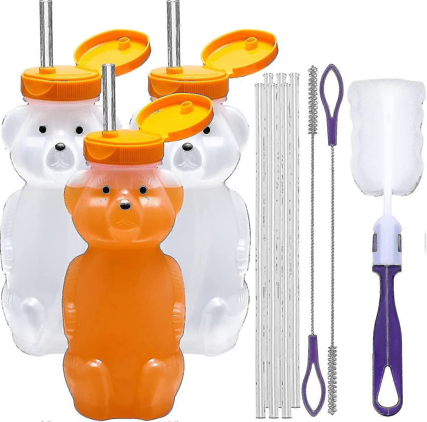 Honey Bear Straw Cup Long Straws, 3-pack Squeezable Therapy And Special Needs Assistive Drink Container, Spill Proof And Leak Resistant Lid