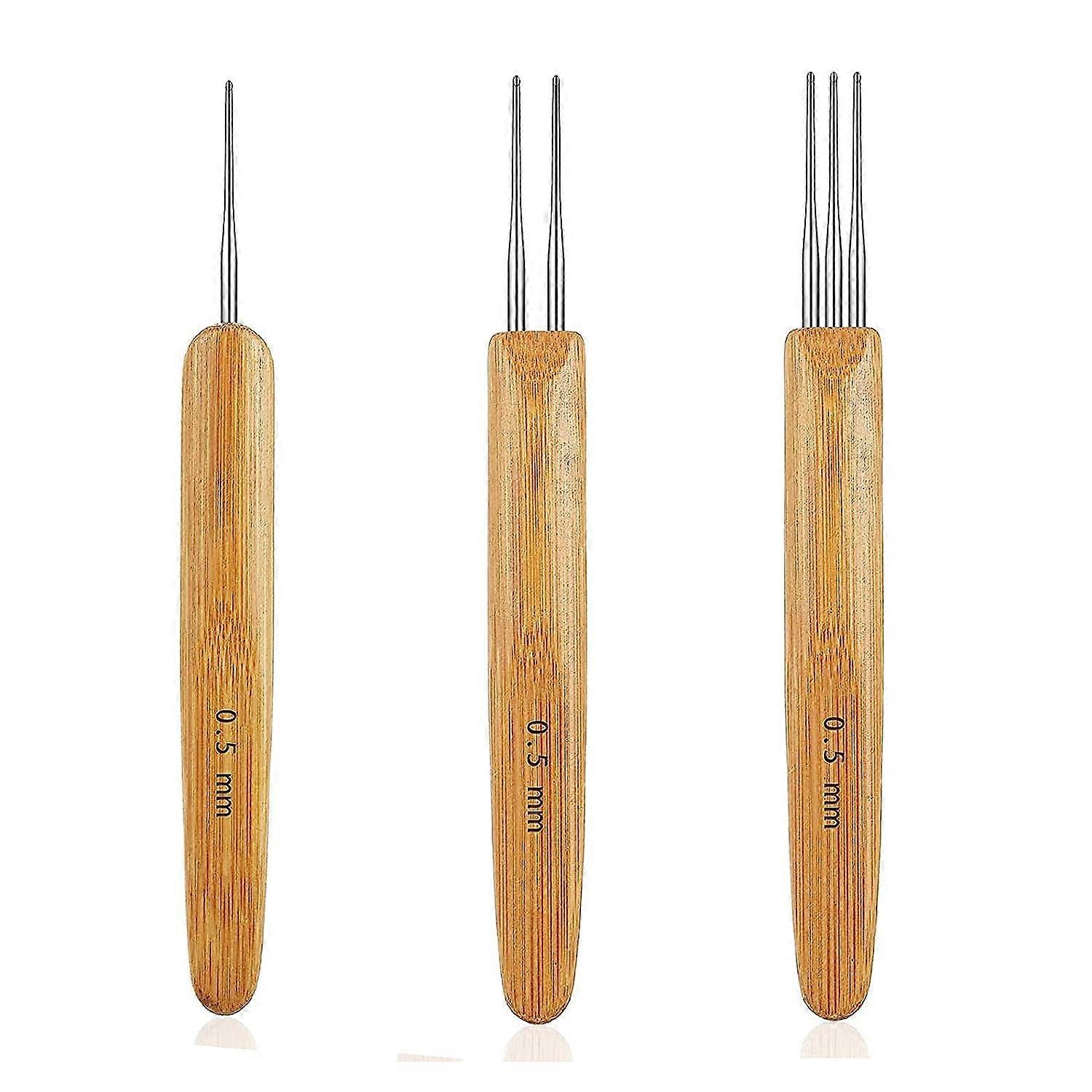 3 Different Crochet Hooks(1 Hook, 2 Hooks, 3 Hooks), Crochet Needles for Hair with Bamboo Handle, 0.50 mm Hair Weaving