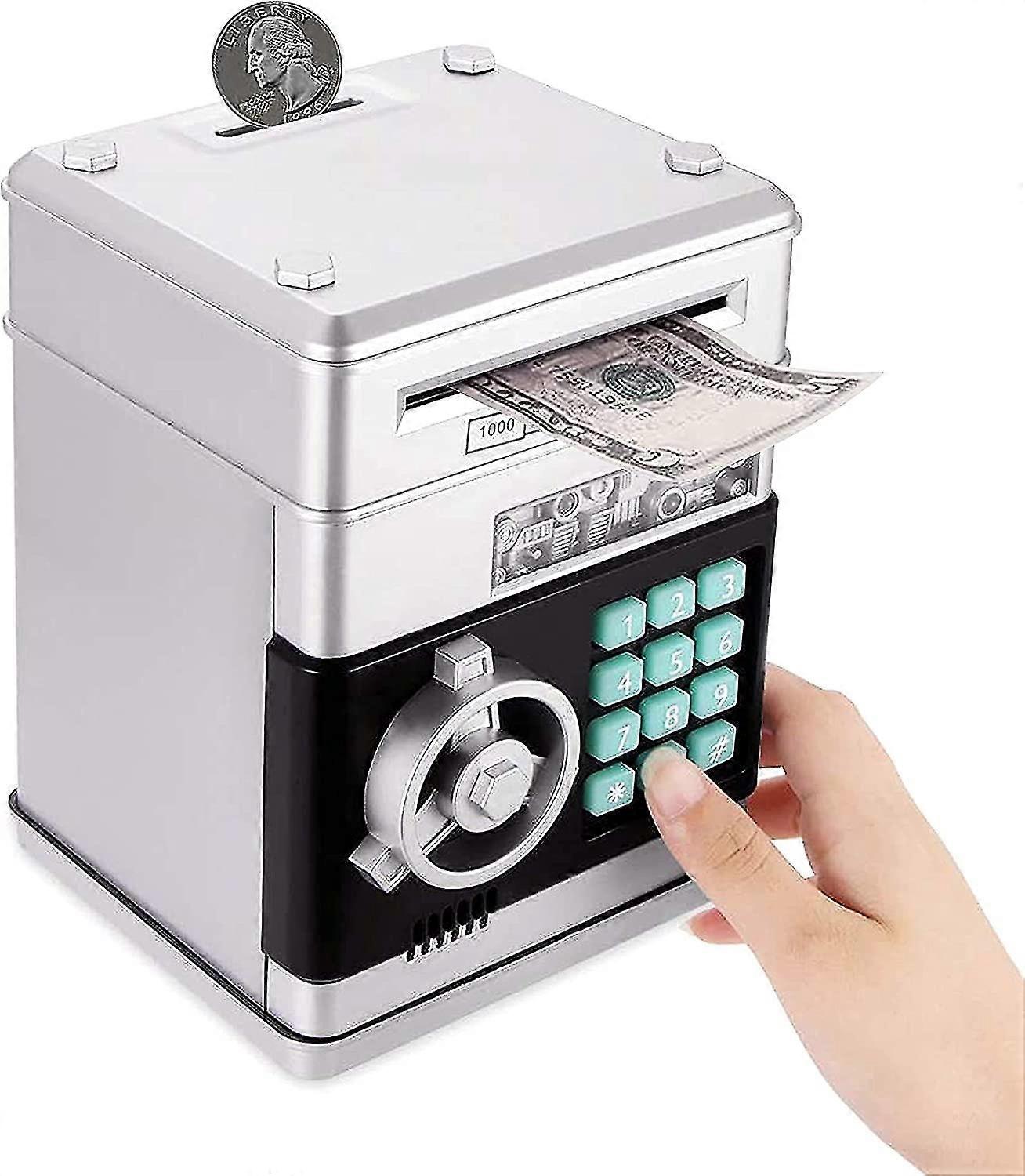 Elektronisk kassalåda med kod, Mini Atm Safe Box för barn, Julfödelsedagspresent till pojkar och flickor (silver)