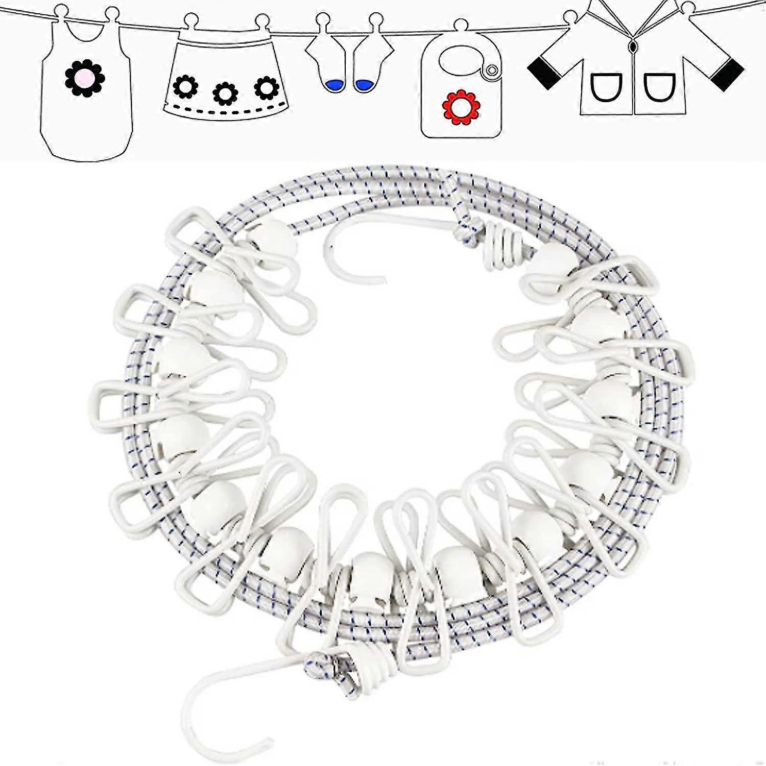 Adjustable Retractable Clothesline Portable Clothes Line Camping Clothesline 12 Coated Hooks Positioning Clips 2 Pieces, White