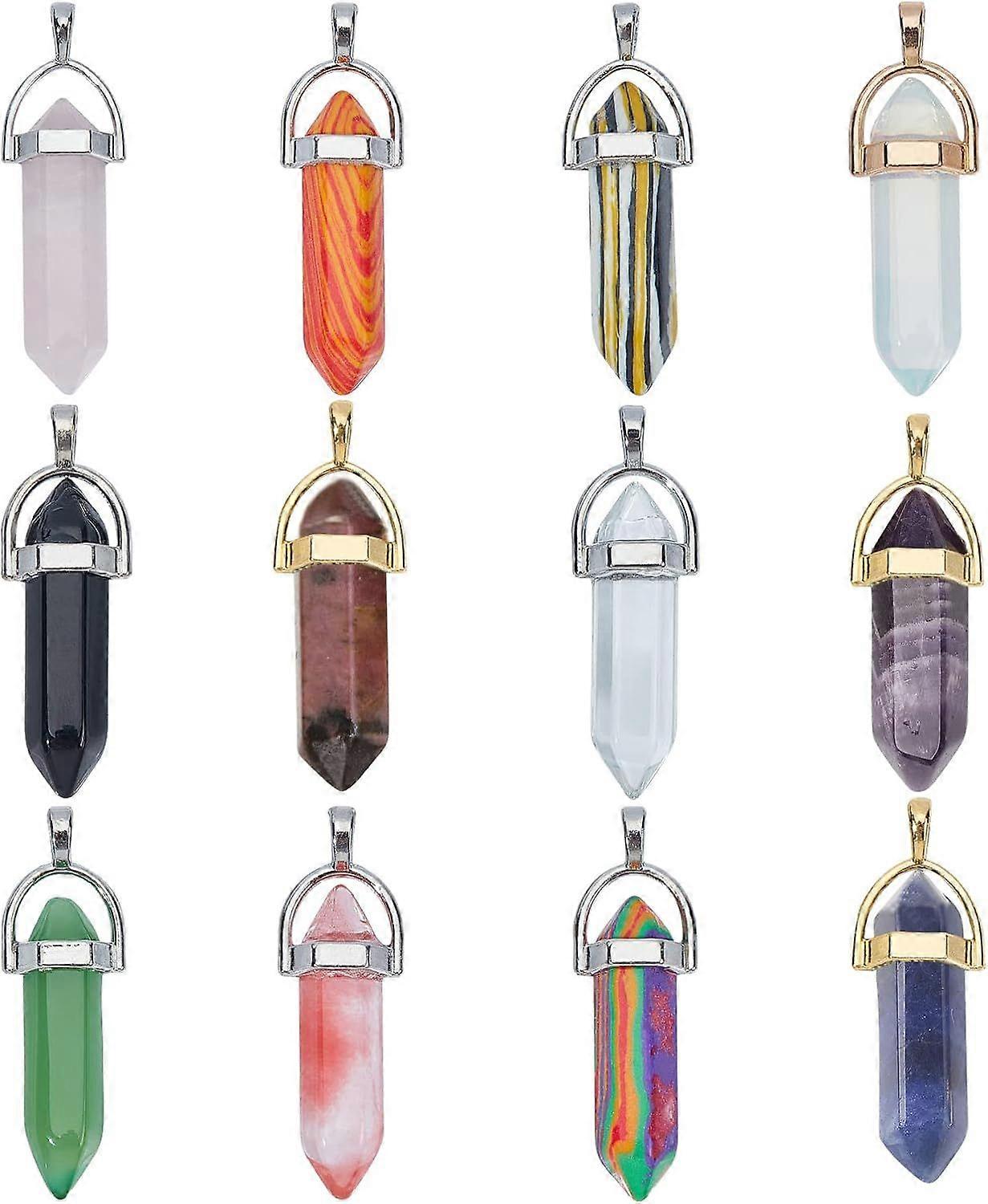12 Colors Crystal Stone Pendants Hexagonal Stone Bullet Shape Stone Beads Necklace Irregular Stone Pendant Hexagonal Gemstones Quartz Necklace for DIY
