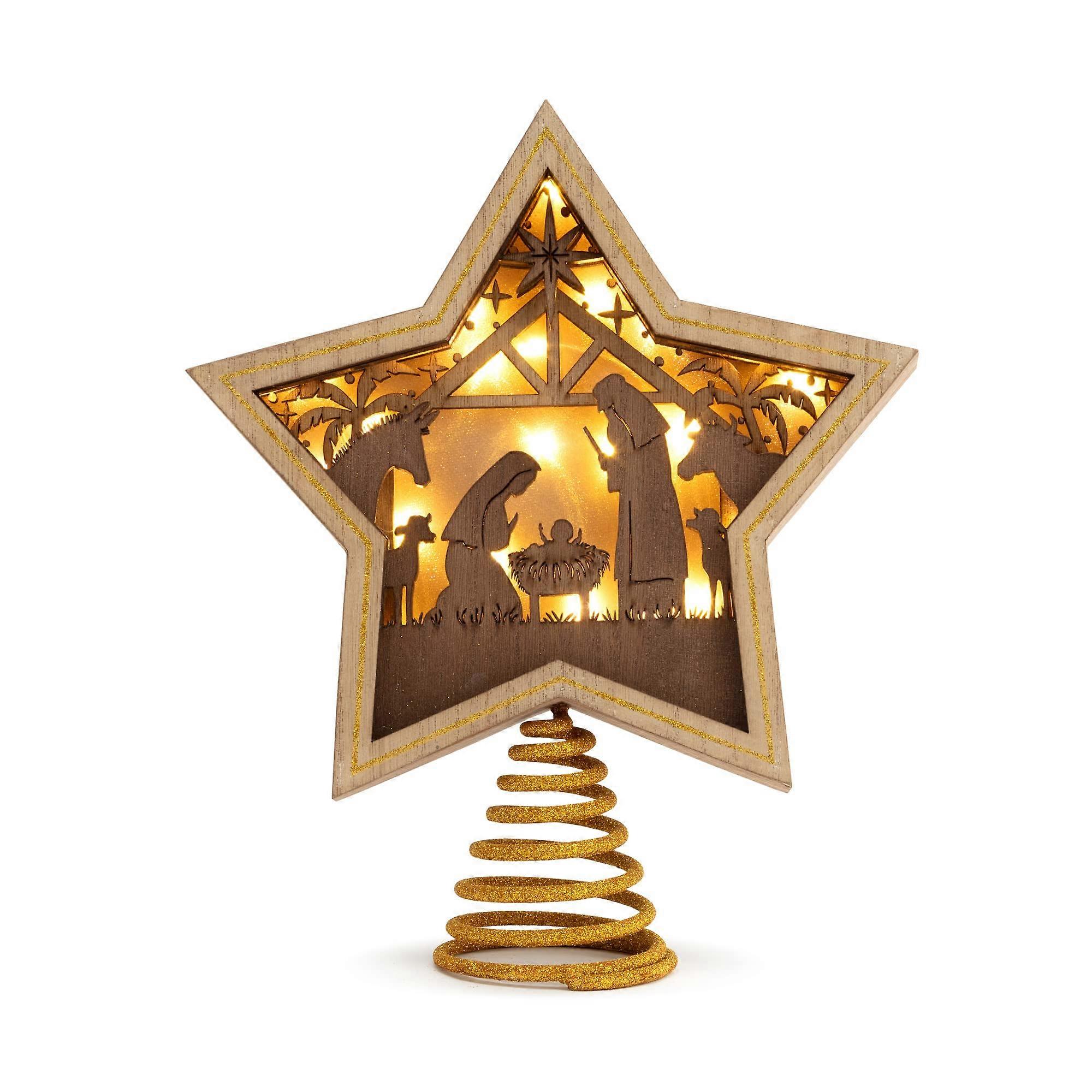 Wooden Star Tree Topper LED Nativity Shadow Box for Christmas Tree Topper 10"x85"