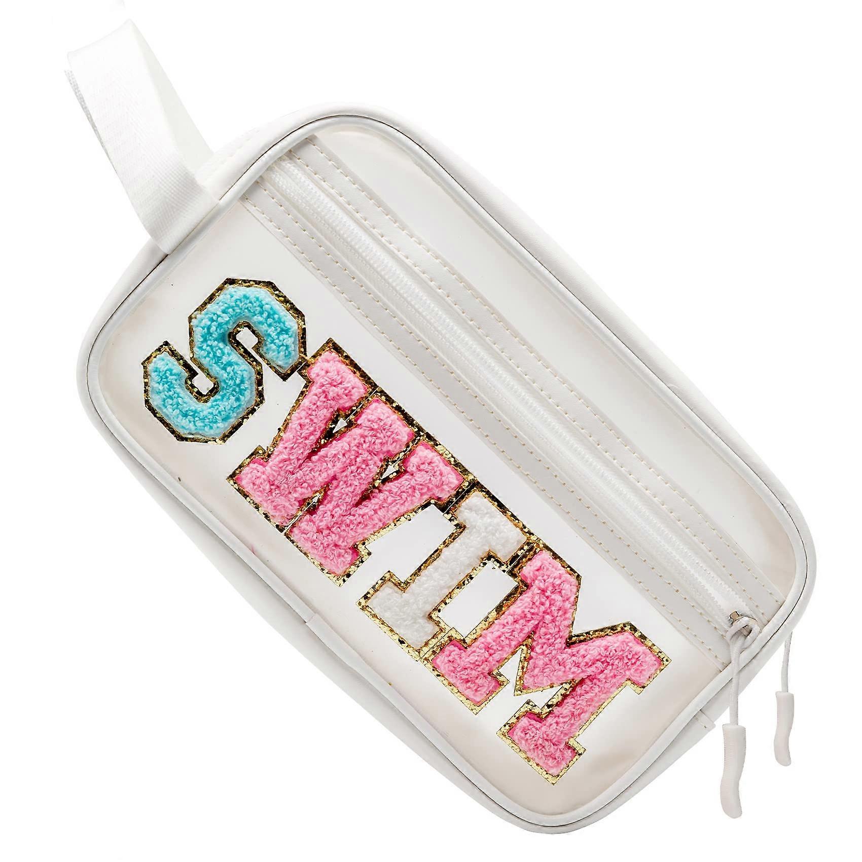 Clear SWIM makeup bag with preppy letter patch for teens