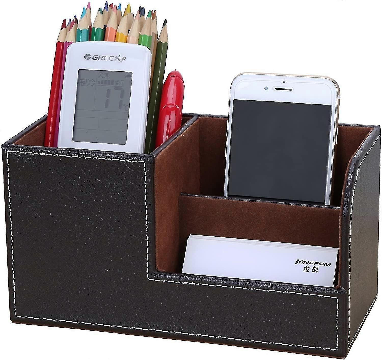 Multifunctional Desk Organizer 3 Storage Compartment Pen Holder (brown)