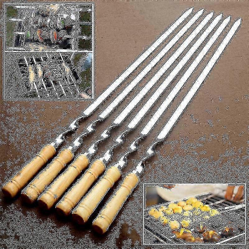 6 قطع أسياخ كباب مسطحة أسياخ شواء من الفولاذ المقاوم للصدأ بمقبض خشبي معدني مسطح شواء Walkbee A B