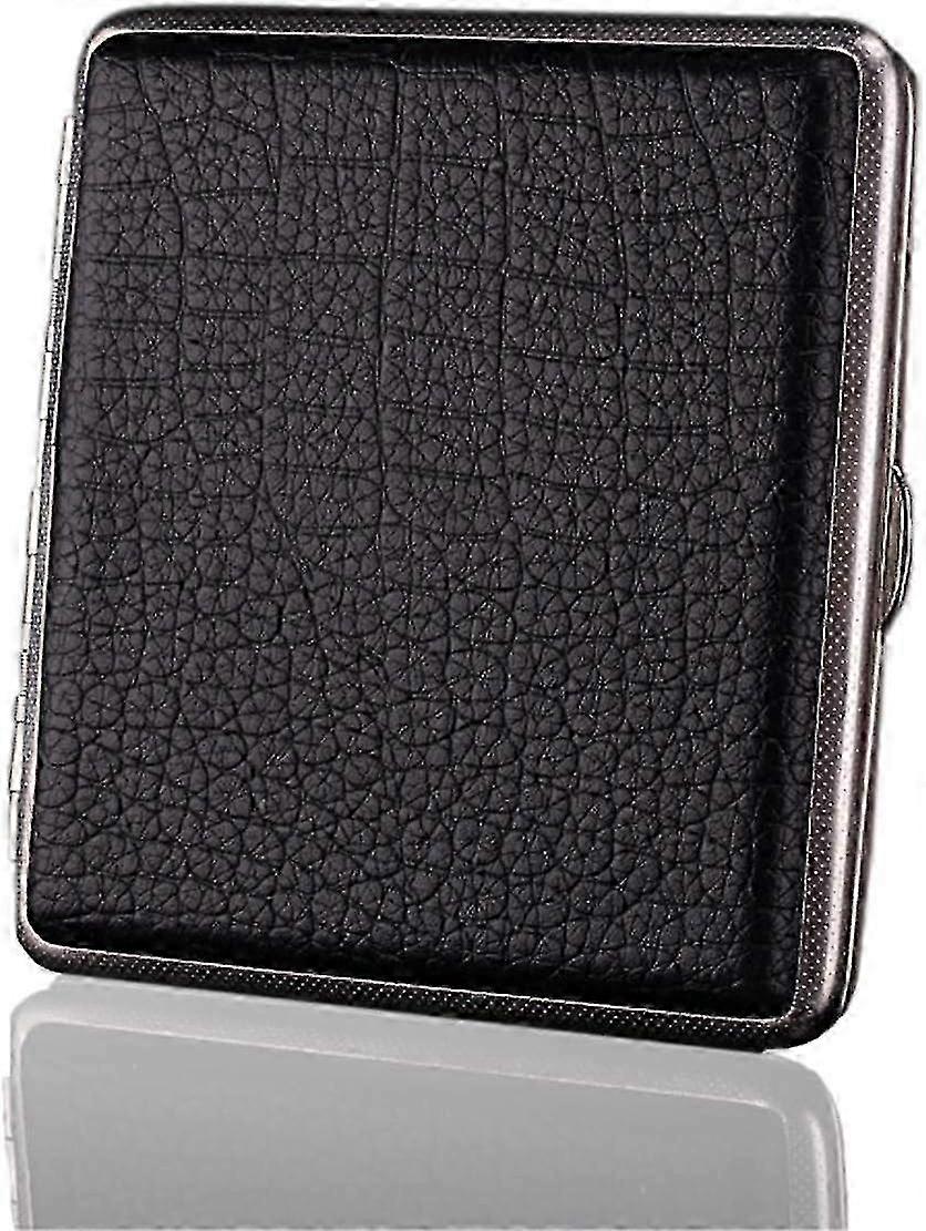 Leather Cigarette Case with Metal Frame Holds 20 Cigarettes (Black)