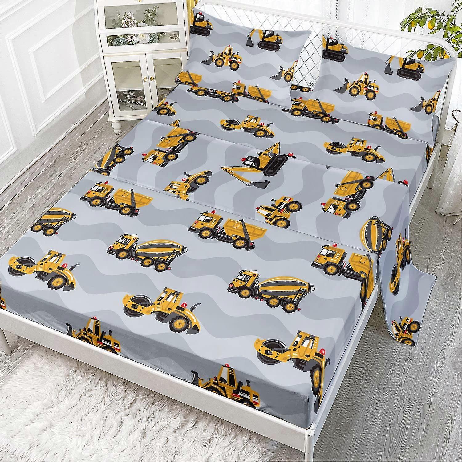 Construction Truck Sheet Set - 4 Piece Grey Vehicles Bedding Set with Flat Sheet, Fitted Sheet, and Pillowcases for Queen Size