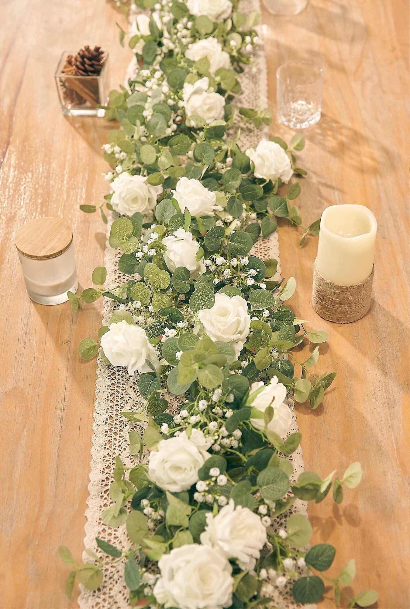 5.91FT Artificial Eucalyptus Garland with Flowers for Wedding Table Runner Decor